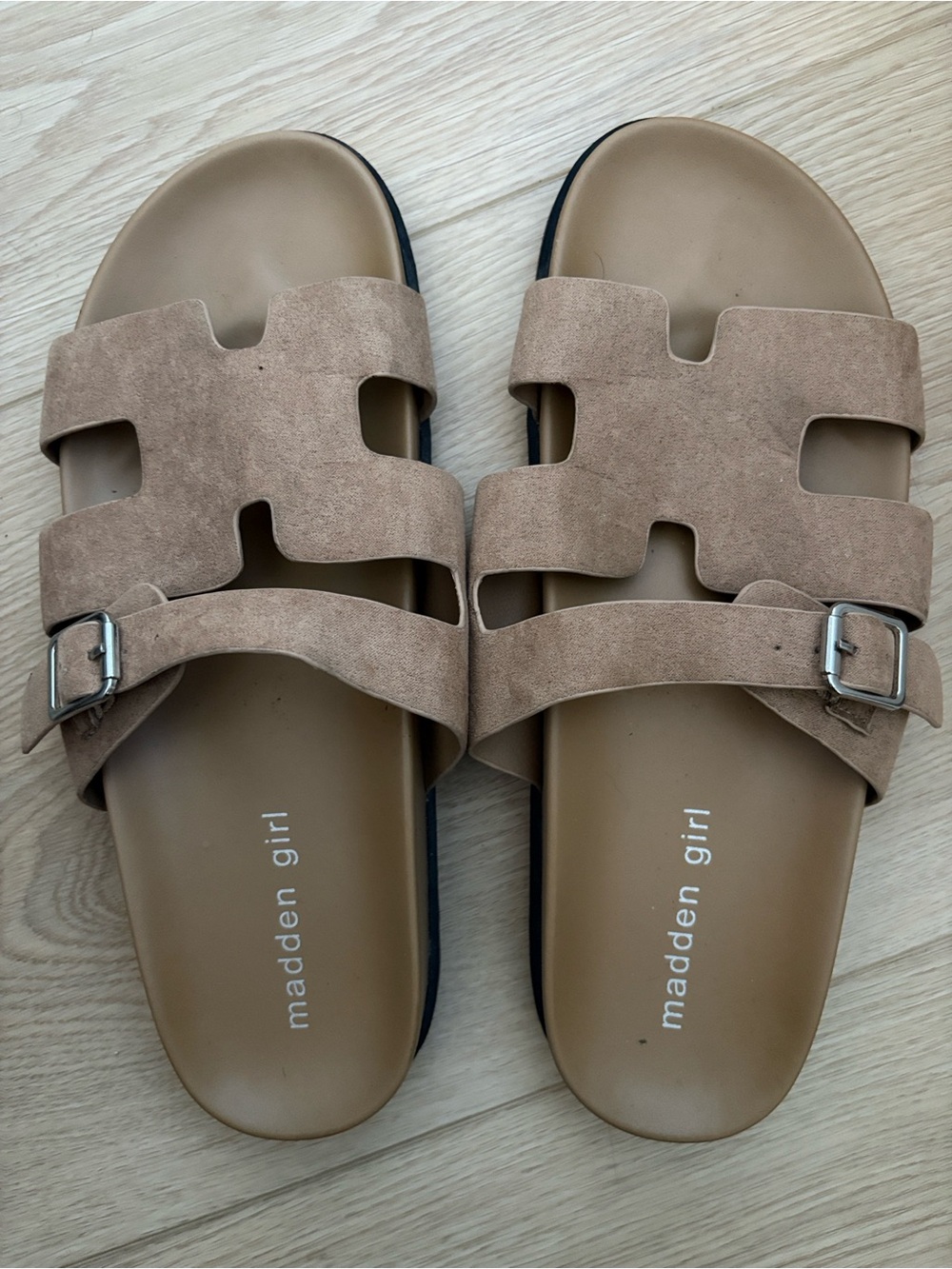 Madden Girl Brown Suede Buckle Slide Sandals